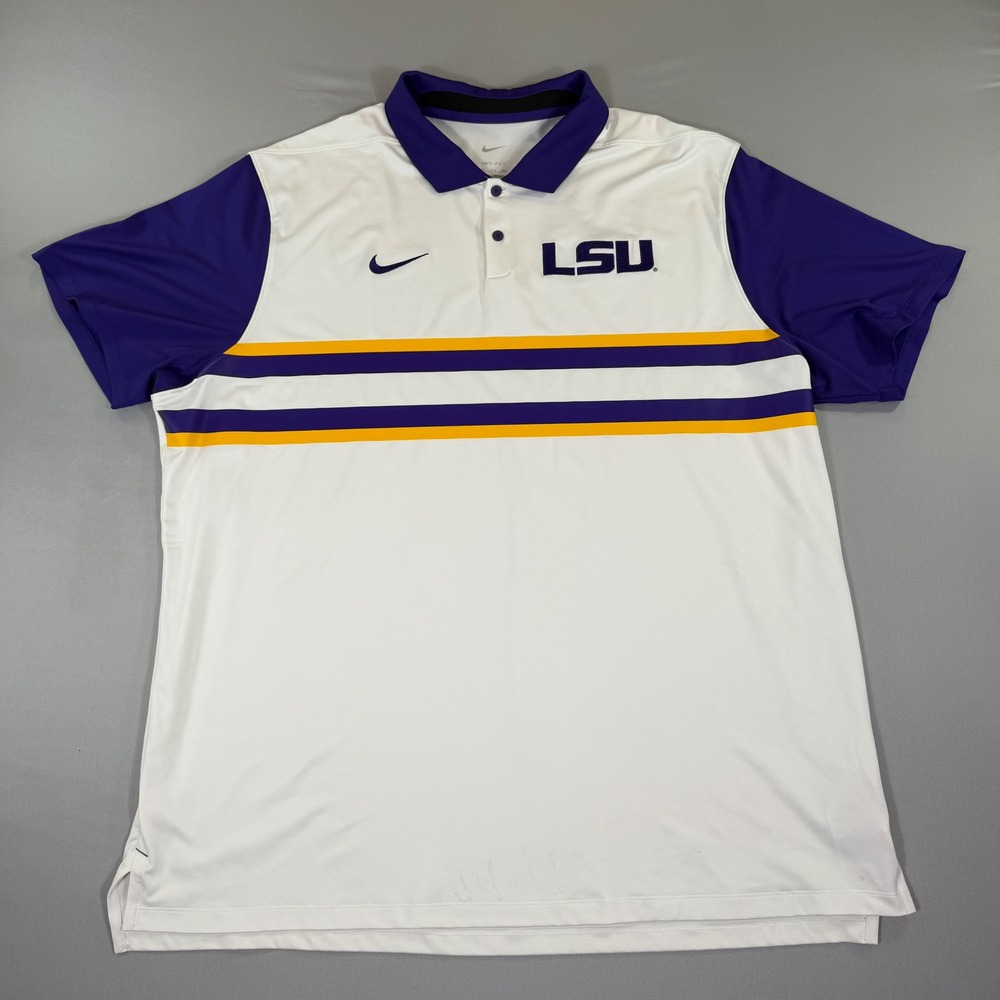 Nike LSU Tigers Mens XXL Dri-FIT Polo Shirt Striped Football Gameday Retro Prep